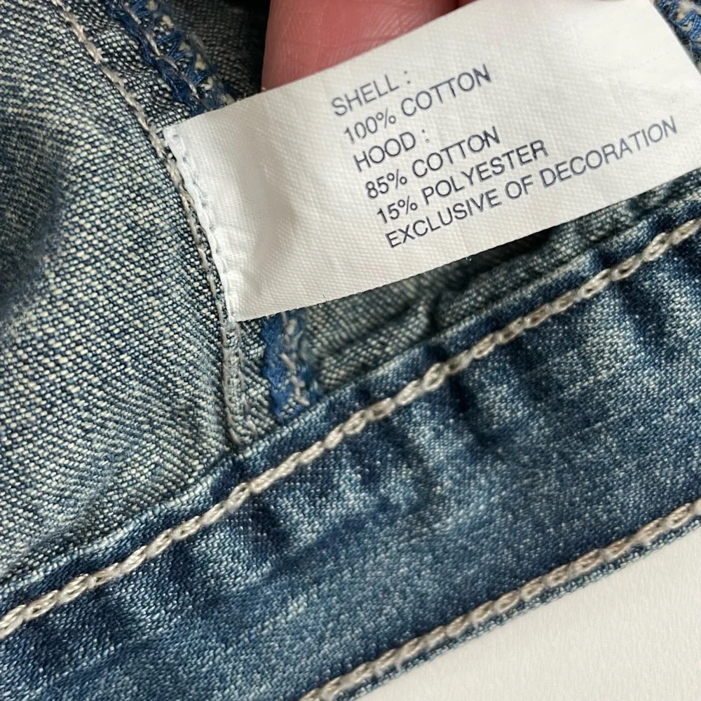 Gap Baby Jacket Denim Embroidered Handsome Devil Removable Hood Pockets Blue Red